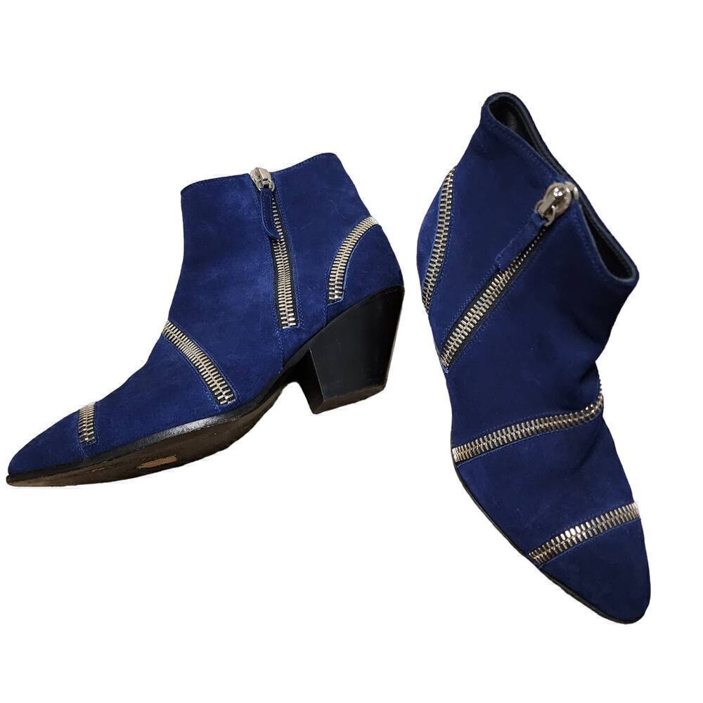 Giuseppe Zanotti Blue Suede Guns 55 Zip Detail Ankle Boots Size 38.5